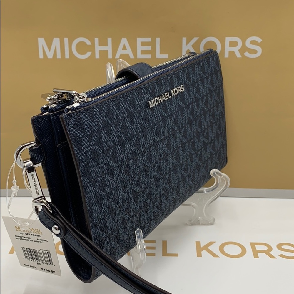 MICHAEL KORS JET SET TRAVEL LG DOUBLE ZIP WRISTLET PHONE HOLDER ADMIRAL NWT - Picture 4 of 16